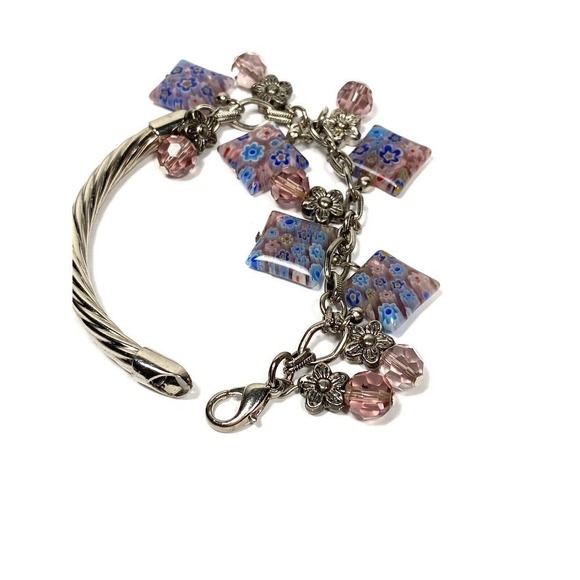 Millefiori Bracelet Dangles Glass Beads Silver Tone 7.5” FLAW